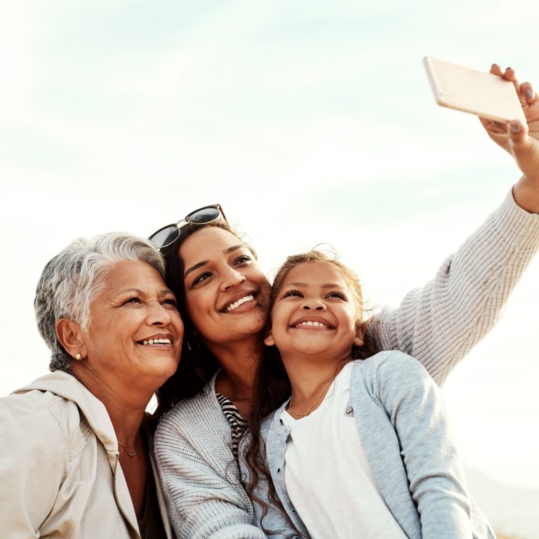 Grandma daughter and granddaughter take selfie outdoors