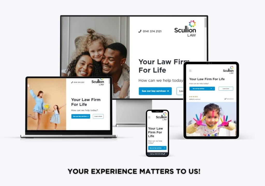 Website mockups of scullionlaw.com on several devices