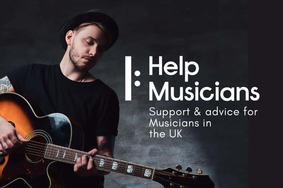 A man plays the guitar beside a caption that read Help Musicians, support and advice for musicians in the UK